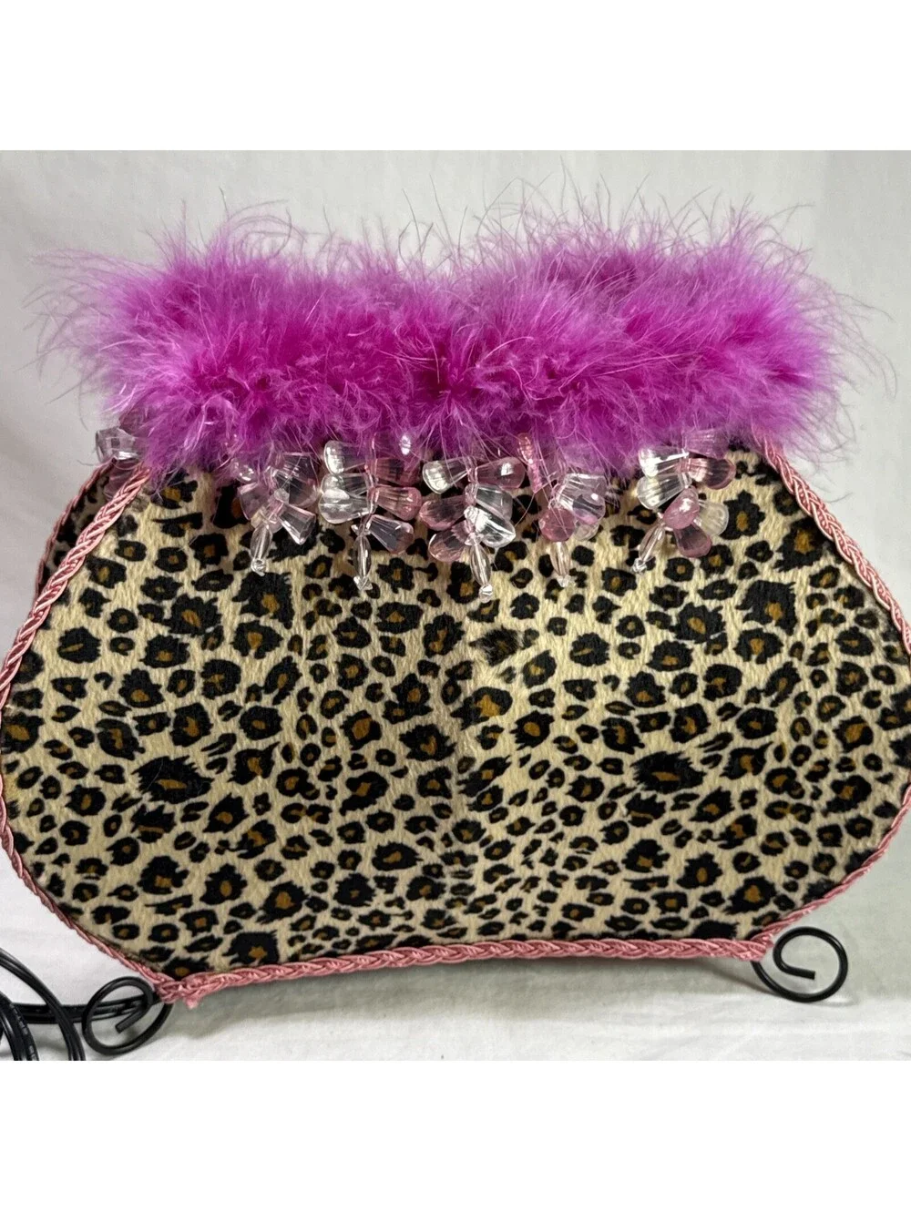 Animal Print Purse Clutch Table Lamp Dangle Beads Leopard Print Pink Faux Fur